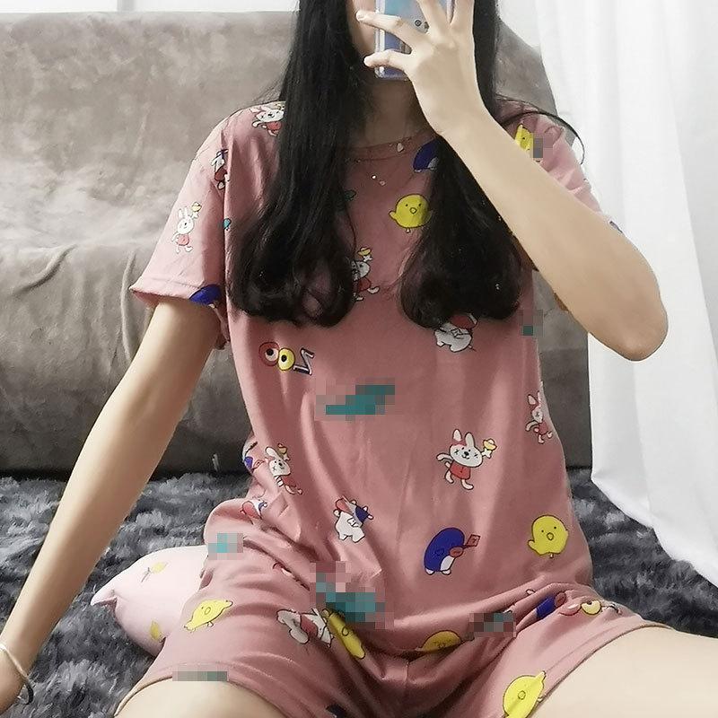 GMXIA Summer Pajama Women's Round-neck Thin Short-sleeved and Short Pants Cartoon Cute Girls' Youthful Home Wear Set