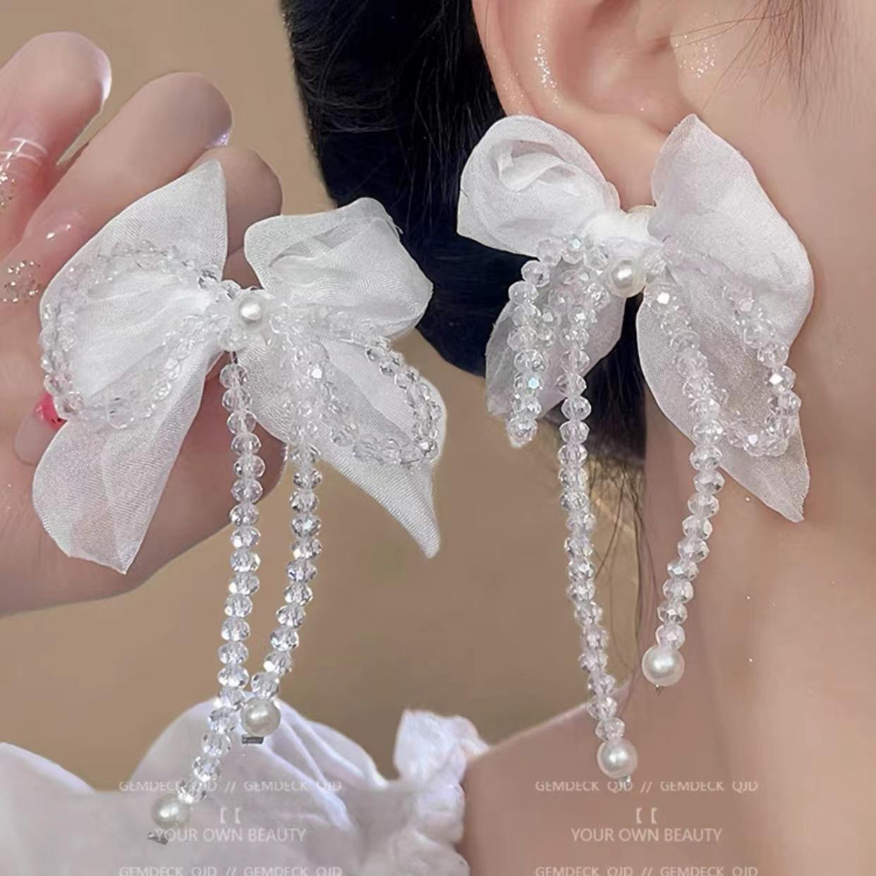 

French Chiffon Crystal Bow Tassel Earrings - Retro Design