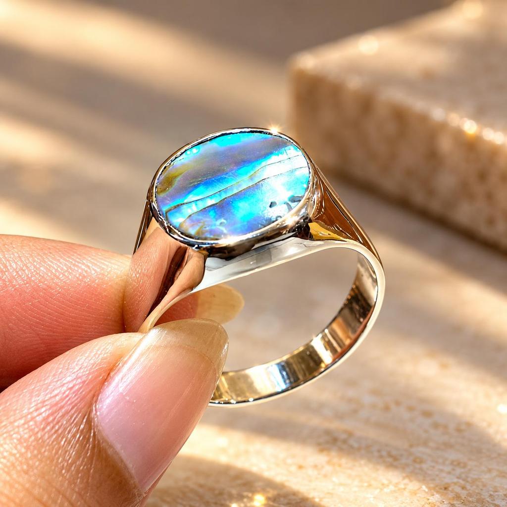 Round Abalone Shell Signet Ring, 925 Sterling Silver, Iridescent Boho Gemstone Jewelry