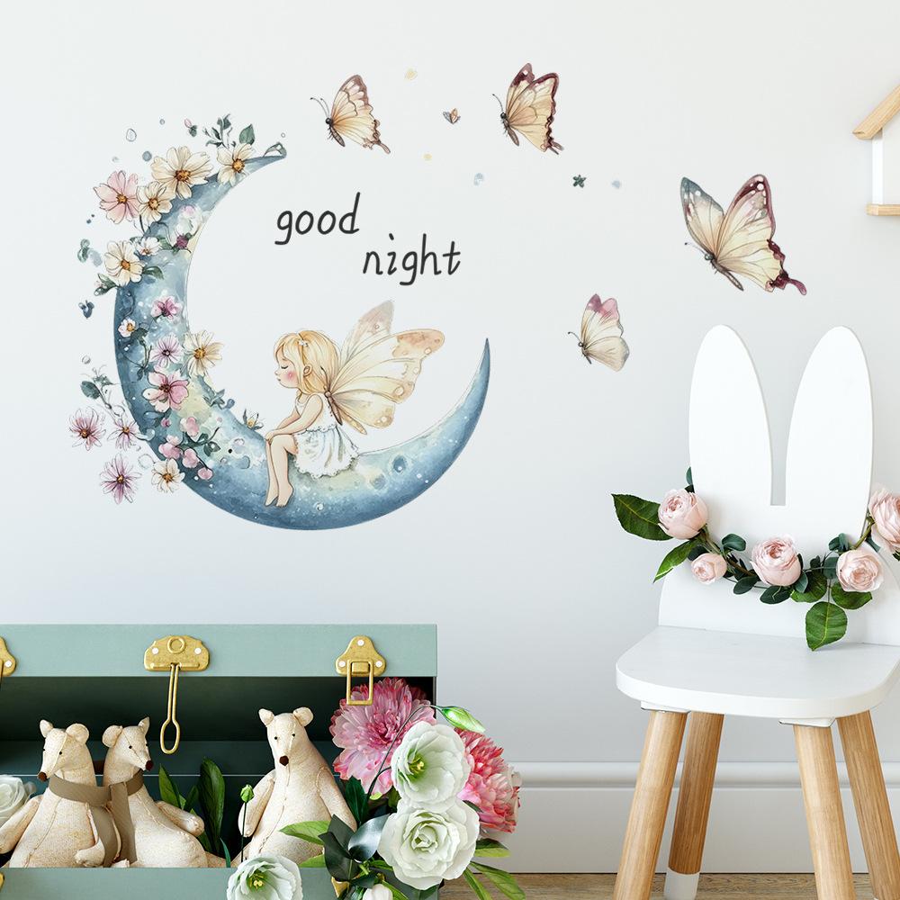 Verträumte kleine Fee Mond Schmetterling Blume Schlafzimmer Wohnzimmer Zuhause Hintergrund Verschönerung und Dekoration Wandaufkleber