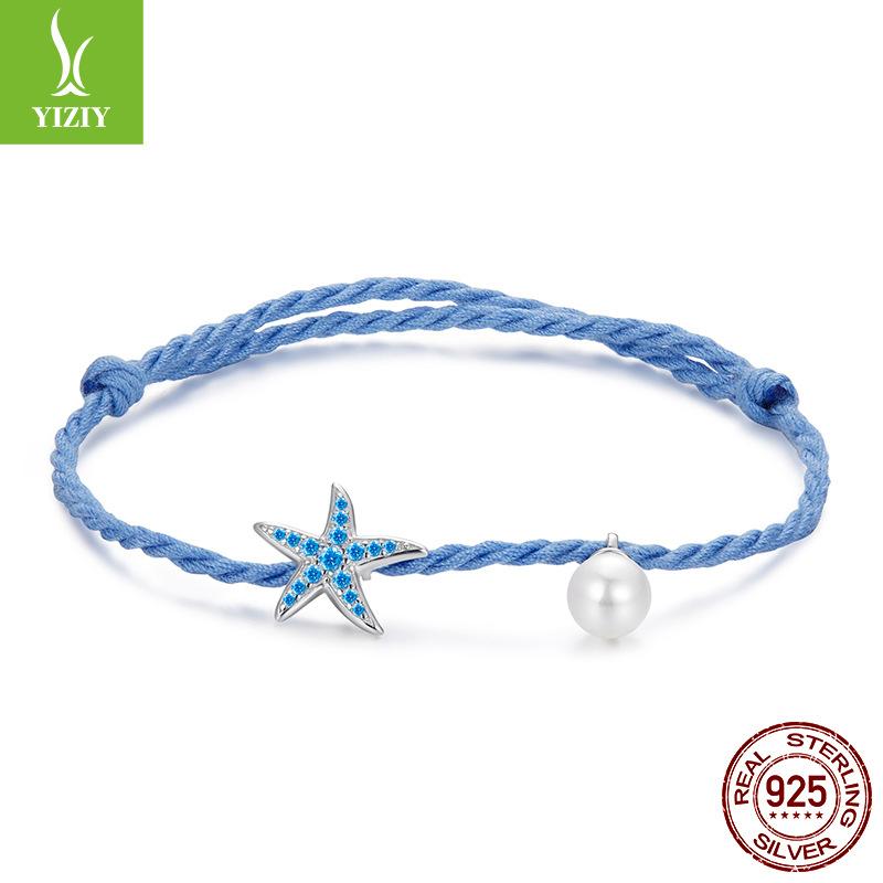 S925 Sterling Silver Starfish Bead Bracelet Summer Blue Ocean Wind Hand Rope Bracelet Jewelry