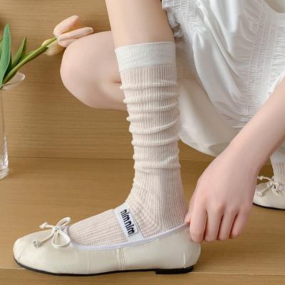 Ballett-Stil Weiße Socken für Damen, Mid-Calf Sommer Dünne Baumwollsocken mit kleinen Lederschuhen, Mary Jane Lange Socken, Sommer Frotteesocken