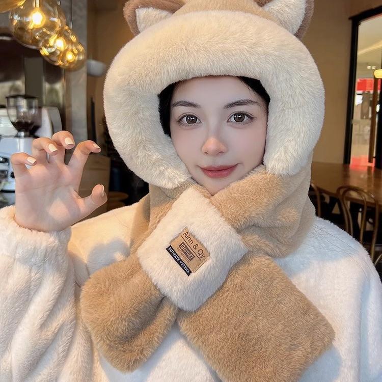 Women's Winter Plush Fox Hat & Scarf Combo - Warm, Trendy, and Versatile Hooded Design