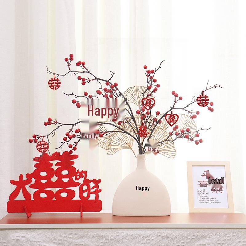 Red Berry Bonsai Scene Ornament for Wedding and Living Room Decor