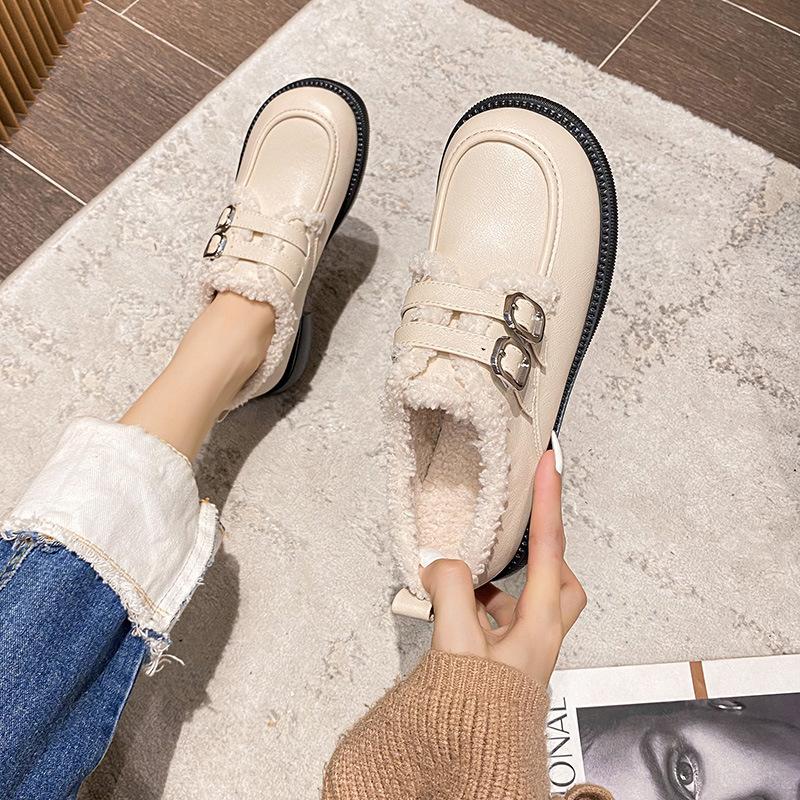 

Туфли Мао Мао для женской осени и зимы, новые лоферы на платформе, плюшевые теплые утолщенные хлопковые туфли, маленькие кожаные туфли в британском стиле для женщин 43 абрикосовый