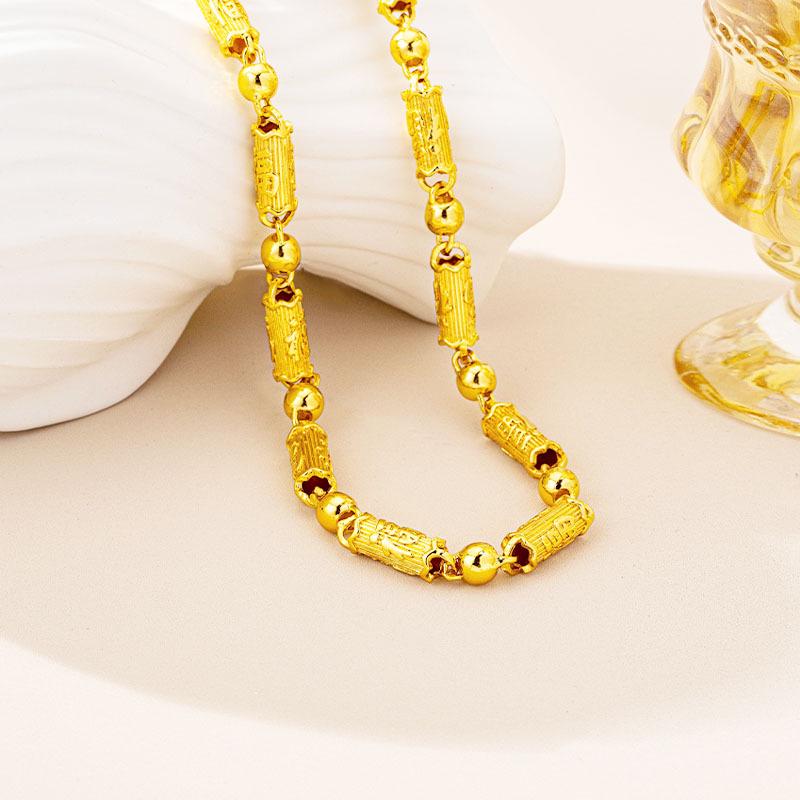 Men's Trendy Gold Fu Character Necklace: Chinese Vietnamese Style, Striped Tube Bead Chain, Long-Lasting Color.