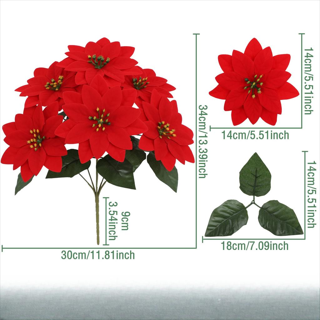 2pcs Poinsettia Artificial Poinsettia Flowers, 7 Heads Red Christmas Flowers, Fake Shrub Poinsettia For Home Christmas Tree Table Wedding Decoration