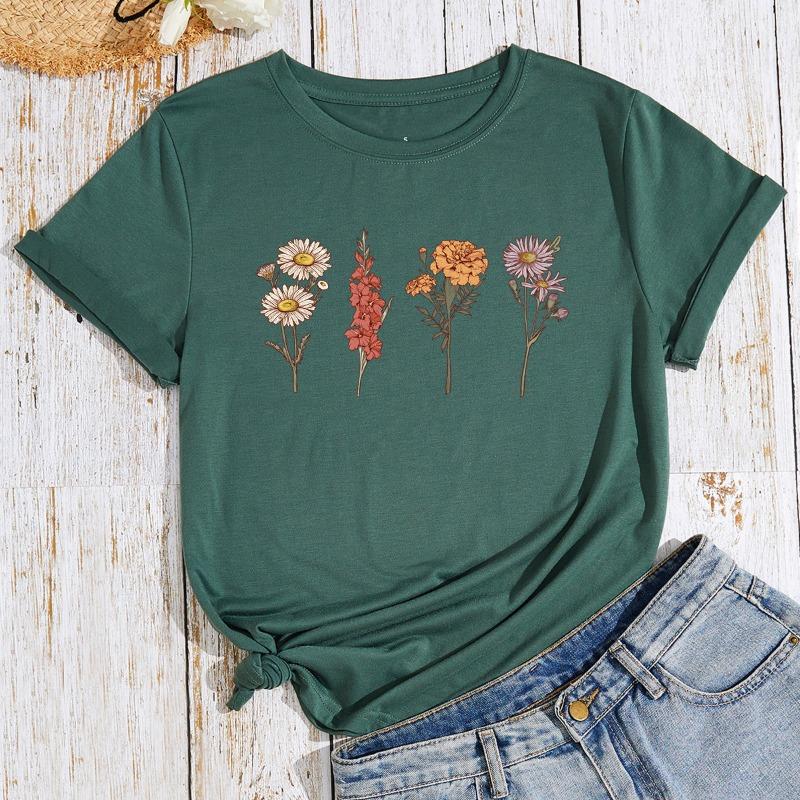 

Женская футболка свободного кроя с принтом цветов и растений, большого размера, с круглым вырезом и короткими рукавами 3XL темно-зеленого