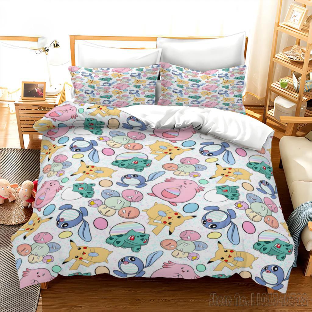 

Pokemon Bedding Set Cartoon Anime Children Bedroom Quilt Cover Boy Girl Bedclothes Single Double King Pikachu Duvet Cover Gift AU Queen(210*210cm)3pcs