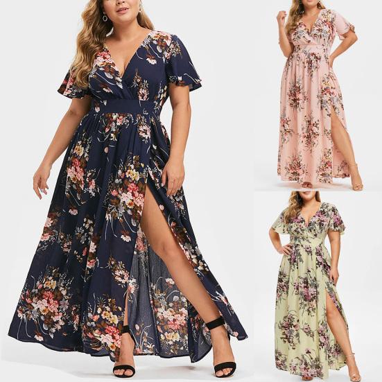 Short Sleeve Maxi Dress Flower Print Women High Split Waist Tight Plus