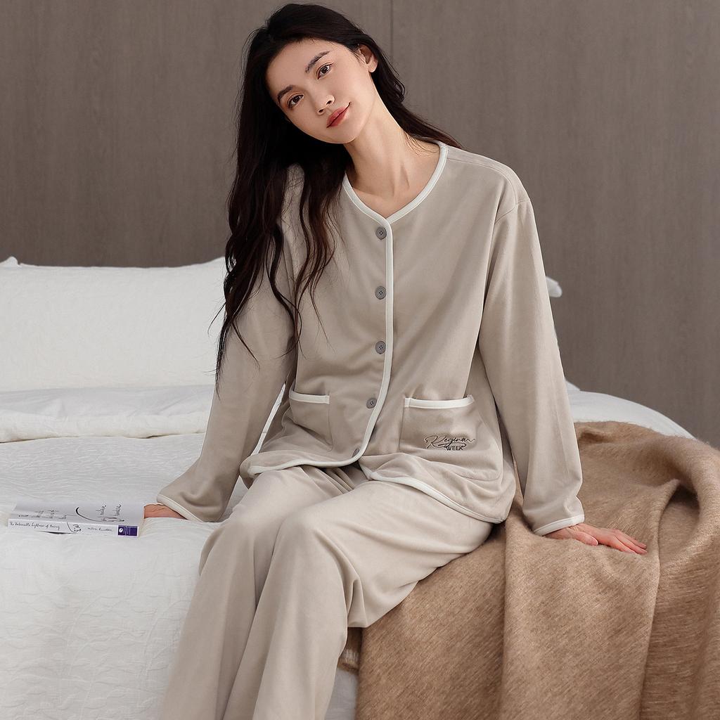 Pajamas Women'S Autumn And Winter Fleece Thickened Coral Fleece Can Be Worn Outside Island Fleece Loungewear Thin Fleece Set