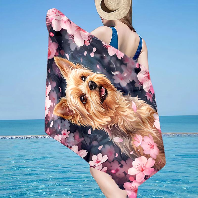 Cherry Blossom Yorkie Beach Towel, Super Soft Microfiber, Gift for Her/Him, Birthday, for Pool, Beach, Travel, Home Decor Fan Gifts