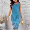 Women Plus Size Sleeveless Round Neck Midi Bodycon Dress Green Vintage Ornate Floral Scroll Print Slim Fit Dress