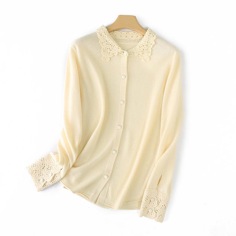 100% Mercerized Wool Crochet Lace Polo Collar Casual Versatile Knit Cardigan for Women