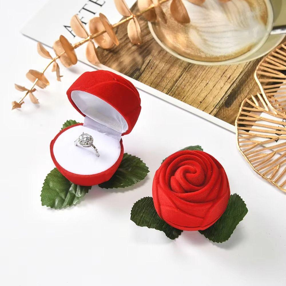 Simulation Flower Rose to Ring Box with Leaves Flower Wedding Ring Box  Jewelry Storage Case
