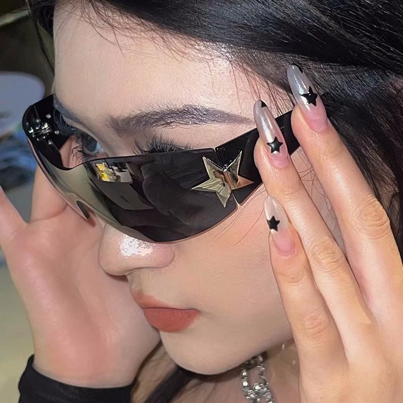Y2k Motorcycle Rimless Sunglasses Goggle Windproof Sun Glasses Eyewear UV400 Five Star Eyeglasses Fashion Shades Oculos De Sol
