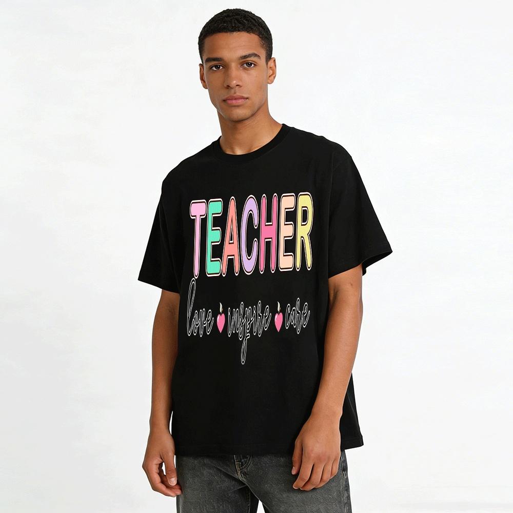 Teacher Themed Print Top Love Inspire Care Graphic Tee For Educators Pure cotton T-shirt