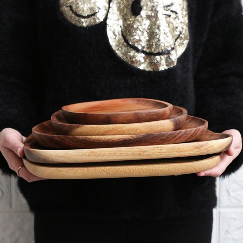 1 stück Ganze Holz Akazie Unregelmäßigen Oval Massivholz Platte Obst Gerichte Steak Pasta Tablett Dessert Teller Geschirr