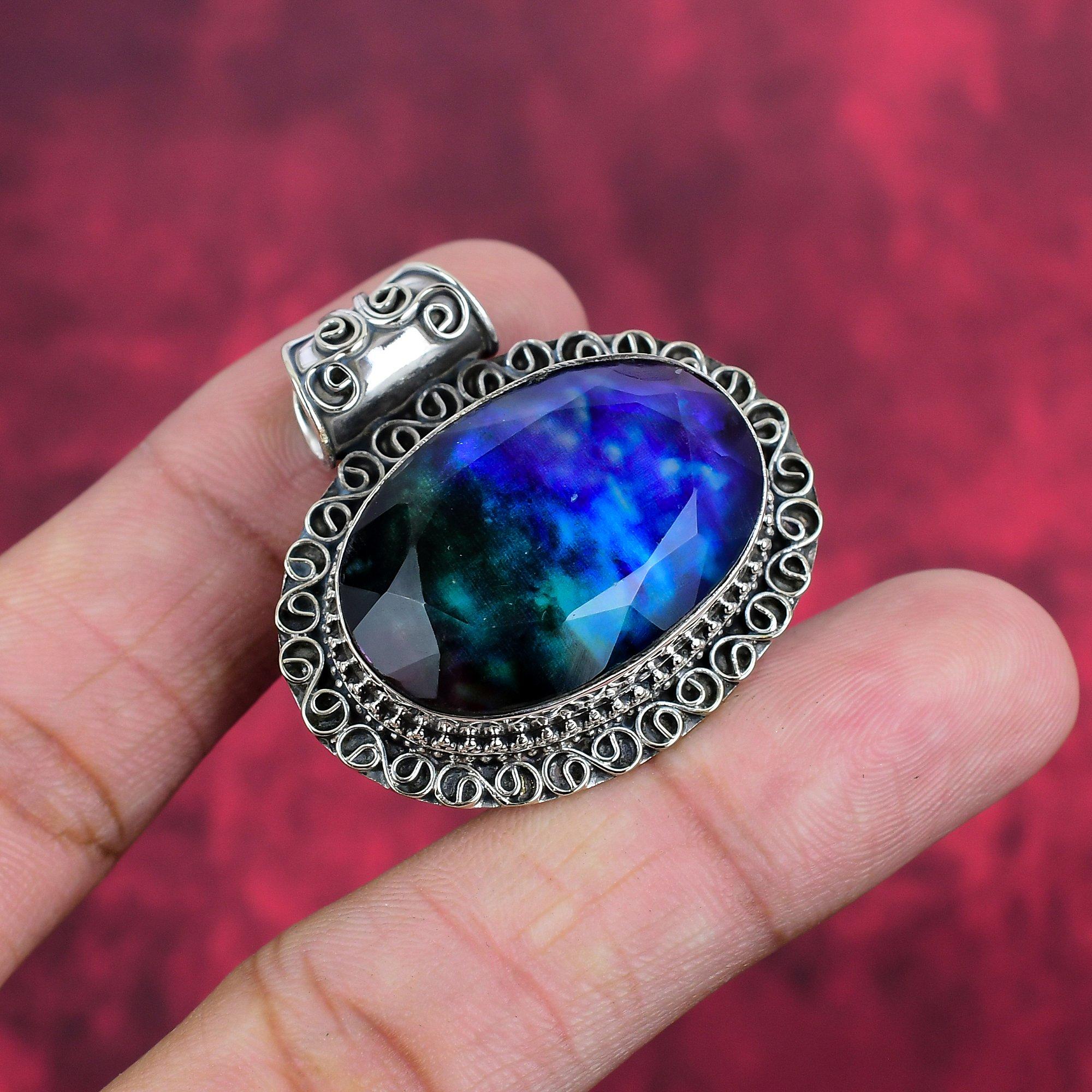 

Ювелирные изделия ручной работы из ископаемого камня аммолит, изумительная подвеска из стерлингового серебра 925 пробы для нее 1.57 inches синий