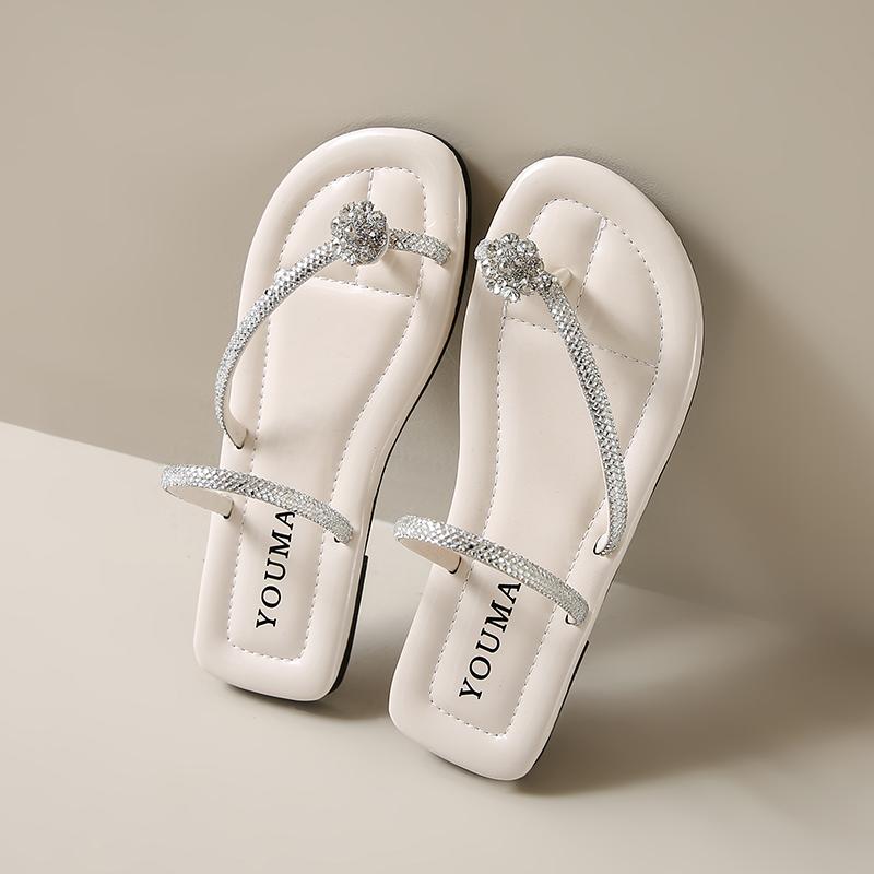 Fashion CRLAYDK Women's Slide Sandals Flat Toe Rhinestone Ring Thongs Strap Flip Flops for Summer Comfortable Walking Beach Slippers