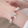 Strawberry Crystal Cat's Eye Bead Silver Bracelet - Korean Style Women's Fortune Charm.