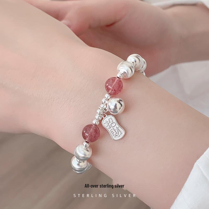 Strawberry Crystal Cat's Eye Bead Silver Bracelet - Korean Style Women's Fortune Charm.