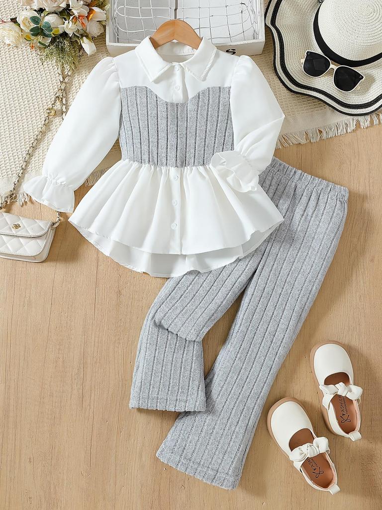Girls' Cross-Border Pink Knitted Vest with Lace Shirt & Wool-Blend Striped Pants Set