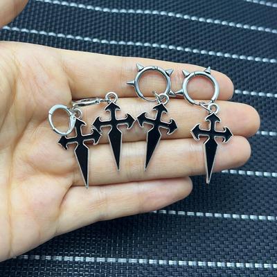 Trendy Retro Cross Pendant Alloy Earrings with Drip Oil Finish - Fashionable Hip Hop Ear Cuffs.