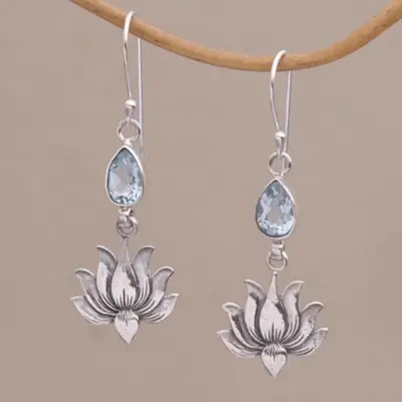 

Simple Water Drop Inlaid Sea Blue Stone Hook Earrings Vintage Metal Copper Color Carving Lotus Dangle Earrings for Women