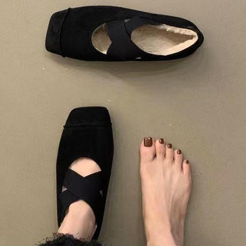 

Замшевые туфли для танцев с квадратным носком, короткие плюшевые туфли на плоской подошве, повседневные хлопковые туфли 2025 года, трендовые мягкие зимние туфли для женщин Zapatillas 40