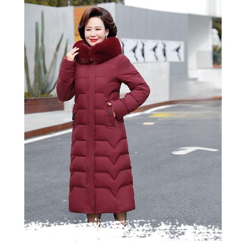 Winter Hooded Slim Down Cotton Jacket Solid Color Fur Collar Thick Parkas Coat Middle-aged Mother Warm Over-The-Knee Overcoat