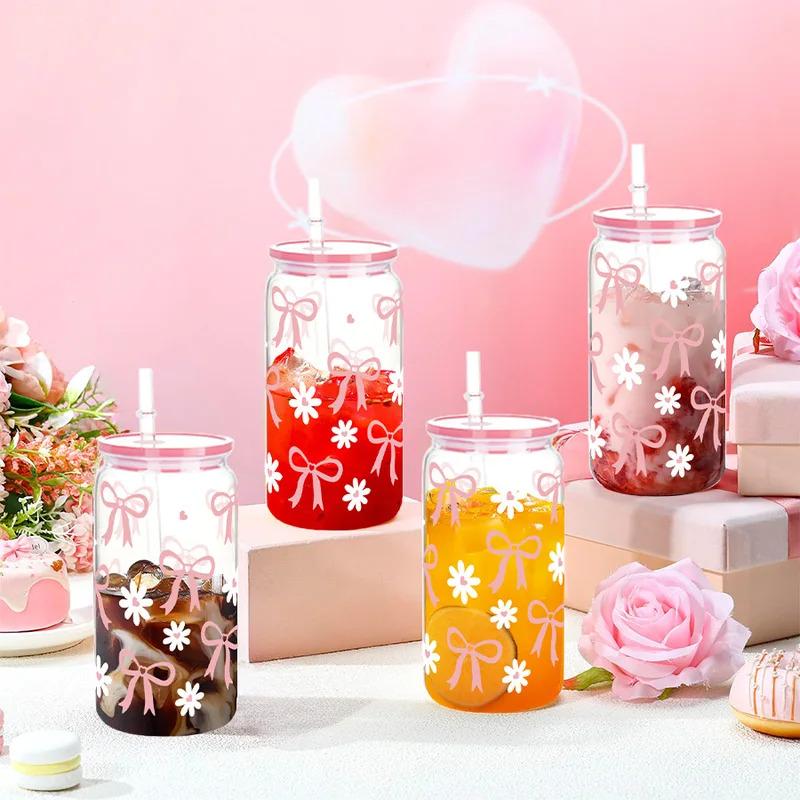 16oz Cute Bow Flower Plastic Water Bottles For Girls Transparent Wooden Lid Straw Cup Ice Coffee Juice Mug Drinkware for Parties