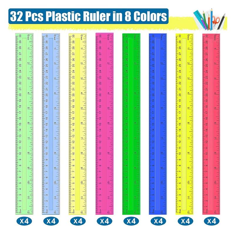 

AB34-12 Inch Plastic Rulers, 32 PCS Transparent Assorted Color Metric Bulk Rulers With Inches Centimeters Millimeter.