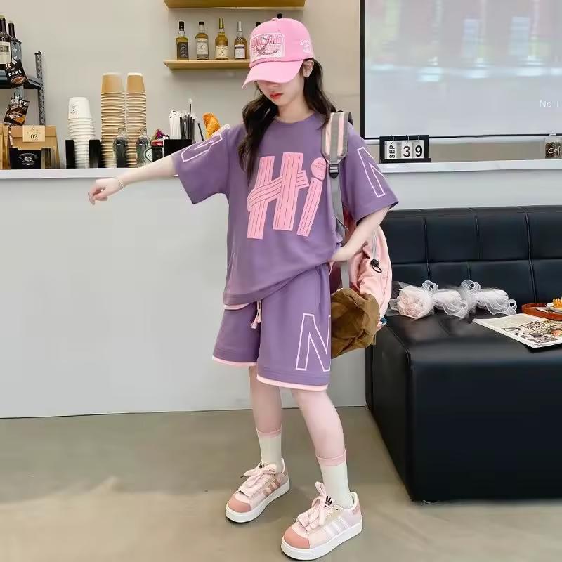 Girls' Summer Sports Set: Medium-Large Kids' Short-Sleeve Crew Neck T-Shirt + Shorts Casual Two-Piece Set