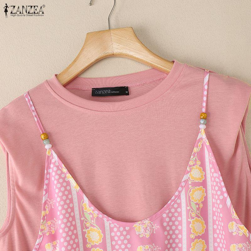 ZANZEA Women Casual Round Neck Patchwork Loose Short Sleeve T-Shirts