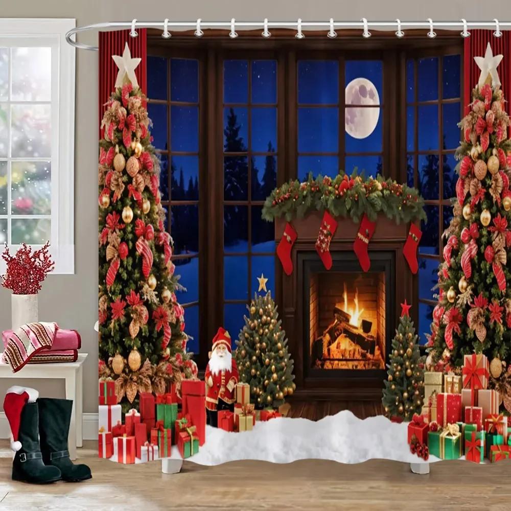 Weihnachtsparty Duschvorhänge Kamin Weihnachtsbaum und Geschenke Schneemann Schneeszene Waschbarer Duschvorhang Kunst Badezimmer Dec