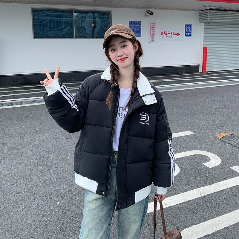 2025 Cotton Jacket Cotton Clothes Women's Winter Couple Collegiate Warm American Loose Sports Stripe Contrast Niche Padded Jacket