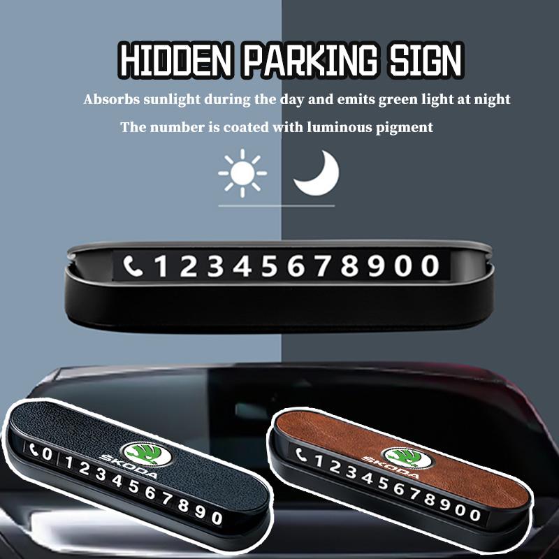 ABS+Leather Car Temporary Parking Plate Signs Phone Number Plate Park Stop For Skoda Kamiq Karoq Octavia 2 3 Rapid Scala Kami YI2