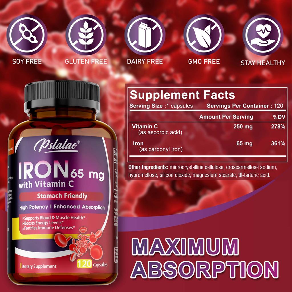 Pslalae Integratore Alimentare di Ferro, Contiene Essenza di Vitamina C, Integratore Nutrizionale Quotidiano