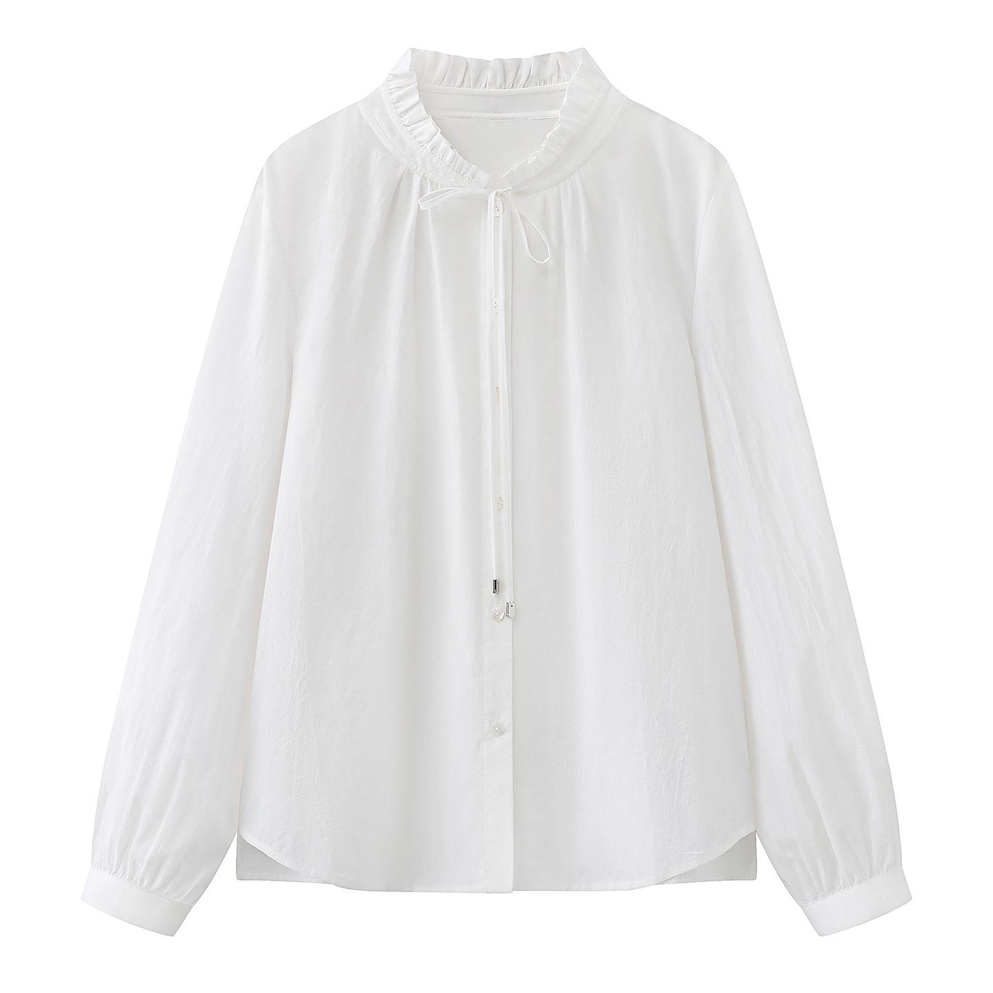 

Spring 2026 Women s Artistic Bud Collar Cotton Tie-Up Shirt Top L білий