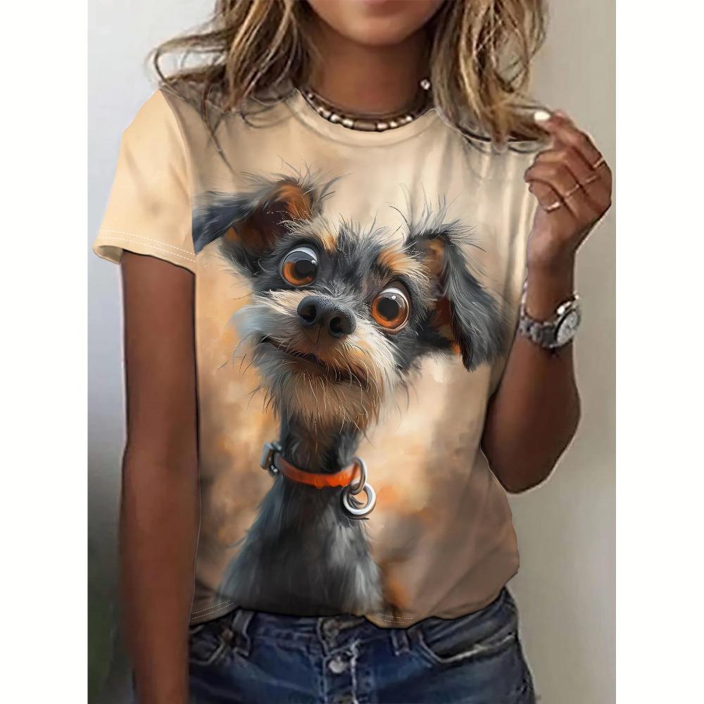 Summer Women Dog Print Casual Short Sleeve 3d Fashion Streetwear Crew Neck Pullover