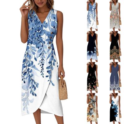 Beach Dresses For Women Spring Summer Elegant Wrap V Neck Floral Boho Dress Flowy Ruched Hawaiian Maxi Dress