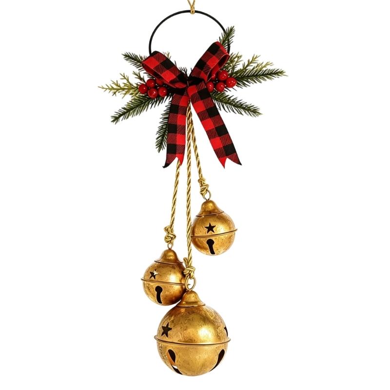 Metal Jingled Bells Christmas Hanging Ornaments Metal Bells Cluster with Tartans Ribbon for Mantels and Entryway Displays