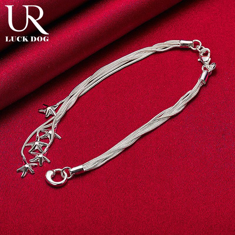 925 Sterling Silver Five Solid Starfish Chain Bracelet Fashionable Wedding Jewelry