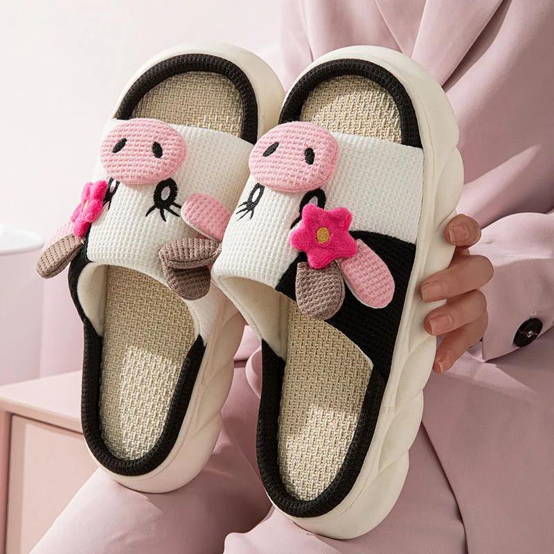 Fashion Women's House Slippers New Cartoon Shoes Spring Summer Indoor Non-Slip Linen Slippers Woman Breathable Soft Sole Platform Slides