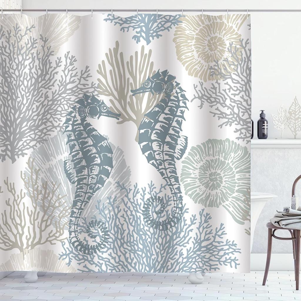 Coastal Turtle Shower Curtain Fish Coral Starfish Seashell Blue Ocean Beach Shower Curtains for Bathroom Waterproof Polyester Fa