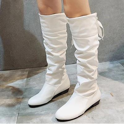 Fashion Shoes For Women 2025 Spring Knee High Boots Red Black White Tall Boots Woman Pleated Low Heel Casual Leather Female Long Shoes