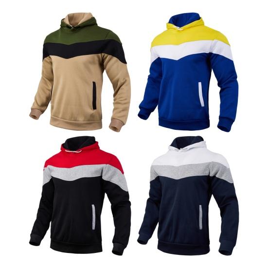 Men Fall Winter Hoodie Colorblock Drawstring Thick Plush Long Sleeves Big Pocket Hooded Retro Thin Loose Daily Wear Casual Sport Top
