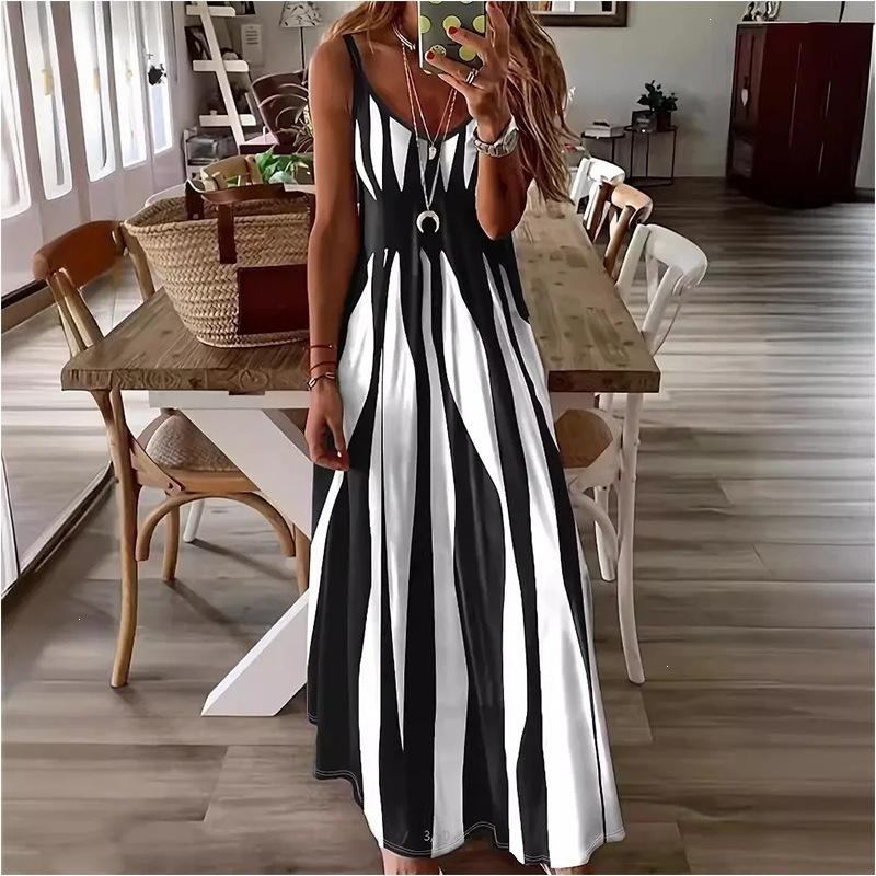 Women's Striped V-Neck Beach Dress Summer Sexy Stretchy Polyester Spandex Sleeveless Swimwear Cover Up Resort Wear Long Dress