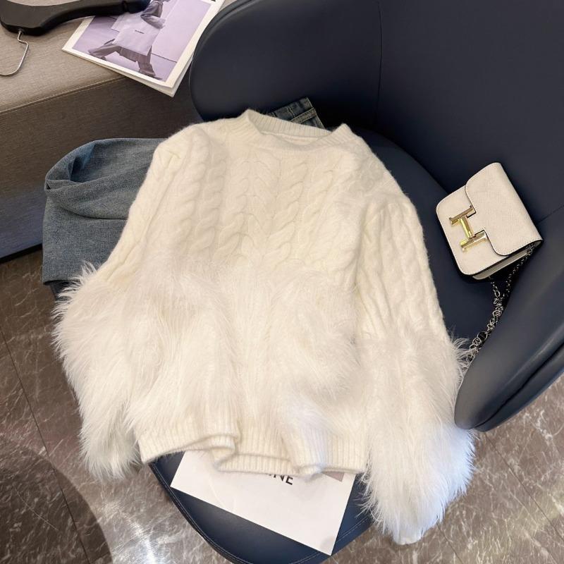 

Plush Fringe Women s Sweater Long Sleeved Crew Neck Knitted Sweaters Autumn Winter Outerwear Loose Casual Pullover Top One Size білий
